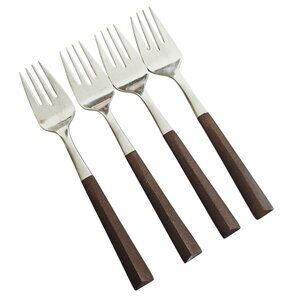 4 Woodwind Salad Fork 5" wood-like handle vtg midcentury boho minimalist mixed m